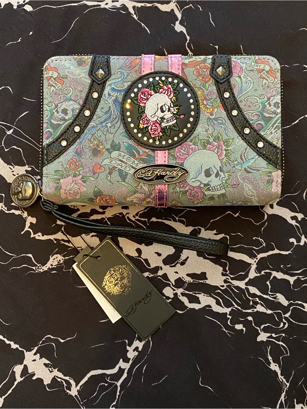 NWT 🌹 Ed Hardy Tattoo Denim Skull Rose Rhinestone Wristlet Large Zip Wallet